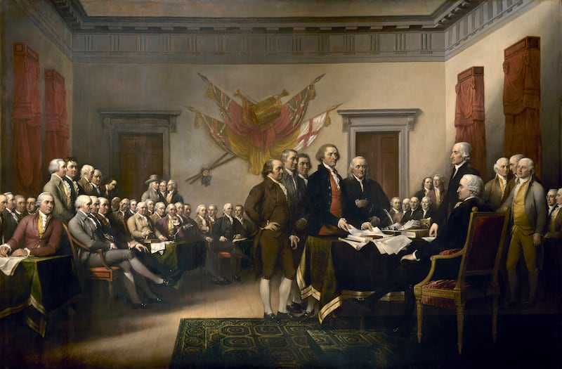 The painting "Declaration of Independence" by John Trumbull depicts the presentation of the document to Congress in 1776.
