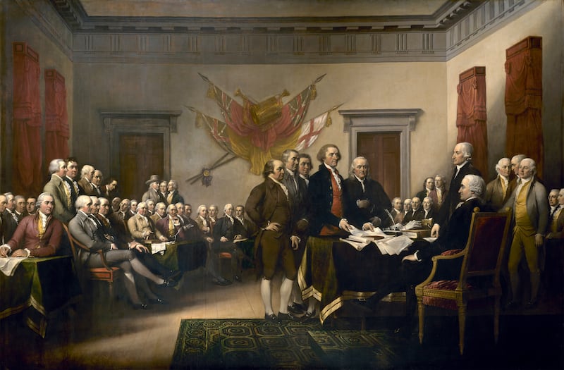 The painting "Declaration of Independence" by John Trumbull depicts the presentation of the document to Congress in 1776.