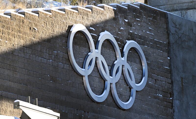 The Olympic rings on a wall at the Utah Olympic Park in Park City.