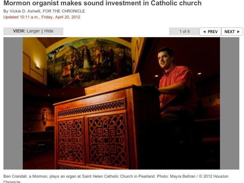 Ben Crandall, a Mormon, plays an organ at Saint Helen Catholic Church in Pearland, Texas.