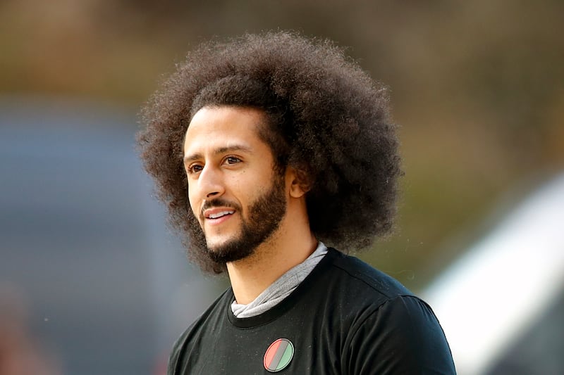 In this Nov. 16, 2019, file photo, free agent quarterback Colin Kaepernick arrives for a workout for NFL football scouts and media in Riverdale, Ga.