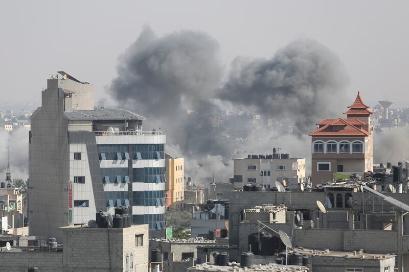 Smoke rises after an Israeli airstrike on the Gaza Strip in Rafah on Oct. 25, 2023.