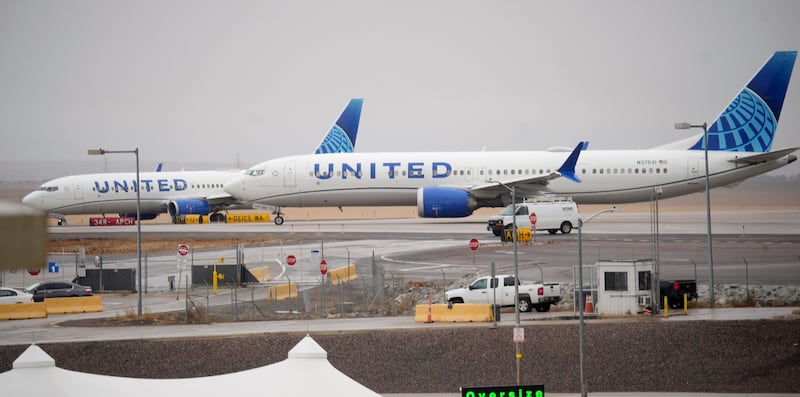 United Airlines jetliners queue up for take off from Denver International Airport on Monday, Nov. 20, 2023, in Denver. A storm system could cause travel delays on the East coast this Thanksgiving.