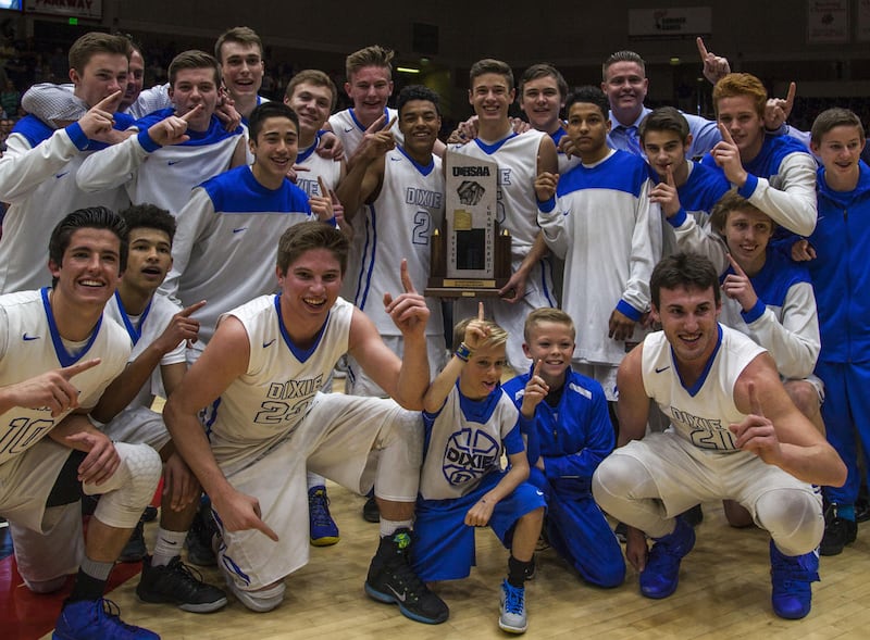 Dixie poses for a photo with the 3A championship trophy after defeating Juan Diego 65-57, Feb. 27, 2016.