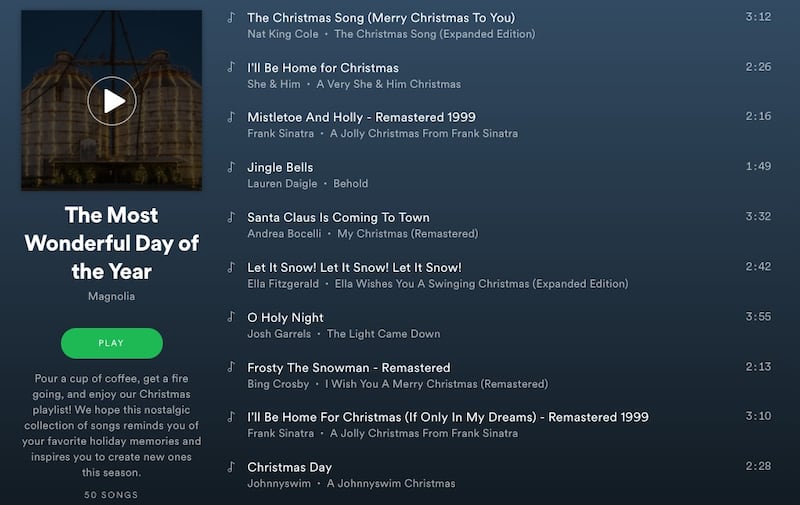 Chip and Joanna Gaines' playlist includes classics as well as more modern versions of Christmas songs. It kicks off with “The Christmas Song” by Nat King Cole. But it also includes “The Man with the Bag.”
