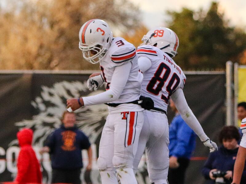 Raider Damuni (3), a Timpview High football star, celebrates a touchdown with his teammates in 2019. The son of BYU football staff member Jack Damuni has committed to play for the Cougars, but is receiving offers from several Power Five programs.