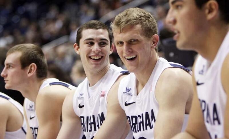 Brigham Young Cougars guard Tyler Haws (3) laughs with teammates at end of the game with San Diego in Provo Sunday, Jan. 20, 2013. BYU will take on Pepperdine in California on Thursday.