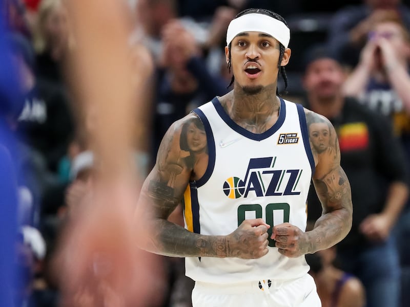 Utah’s Jordan Clarkson reacts after sinking a 3-pointer during the game against Denver at Vivint Arena in Salt Lake City