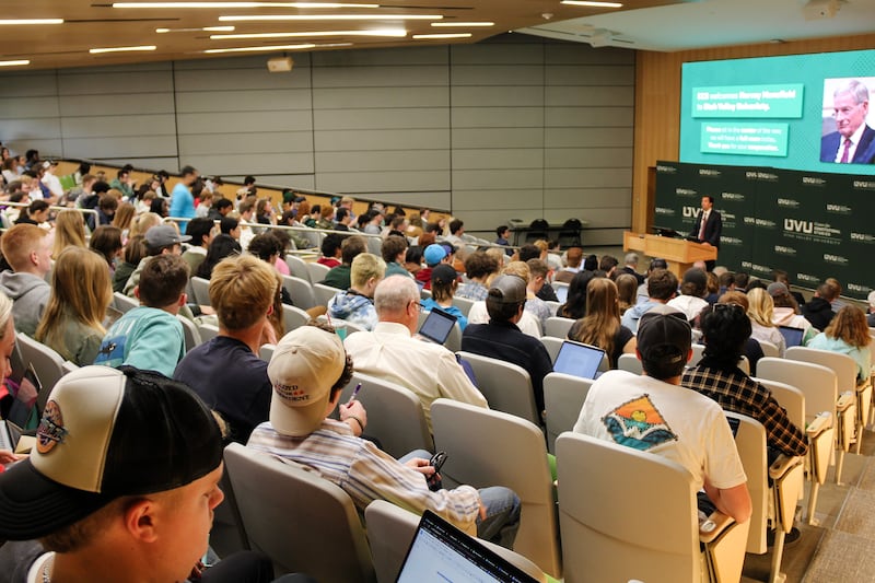 Utah Valley University professor Verlan Lewis introduces Harvey Mansfield.