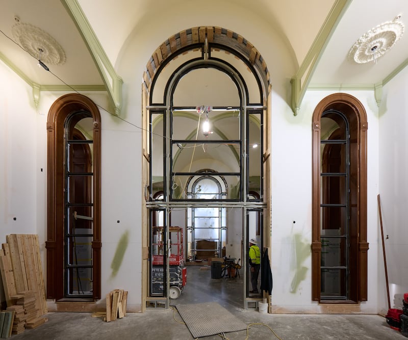 New windows installed in the lobby area of the West Temple entrance building on Temple Square in Salt Lake City on Wednesday, Nov. 5, 2025.