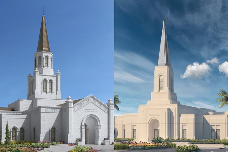 Exterior renderings of the future Coeur d’Alene Idaho Temple, left, and Calabar Nigeria Temple.
