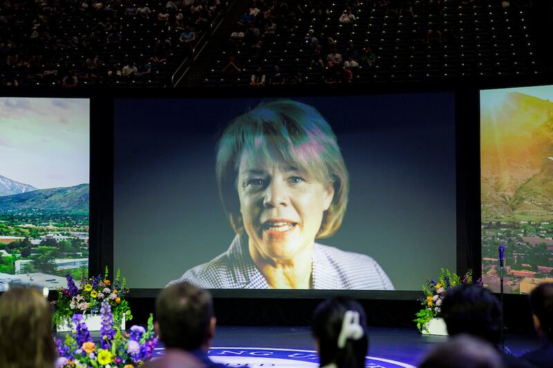 Sharon Eubank, director of Latter-day Saint Charities, speaks by video to a BYU devotional on, Sept. 9, 2025.