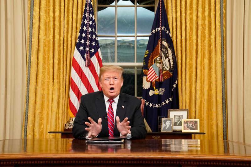 President Donald Trump speaks from the Oval Office of the White House as he gives a prime-time address about border security Tuesday, Jan. 8, 2018, in Washington.