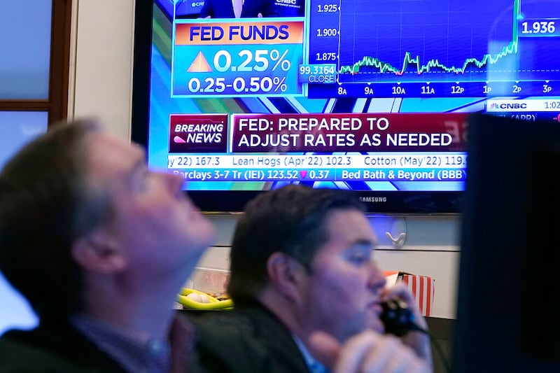 A television screen on the floor of the New York Stock Exchange.