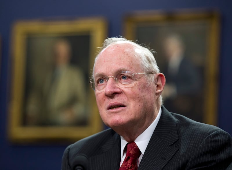 FILE - In this March 23, 2015, file photo, Supreme Court Associate Justice Anthony Kennedy testifies before a House Committee on Appropriations Subcommittee on Financial Services hearing on Capitol Hill in Washington. The 81-year-old Kennedy said Tuesday,