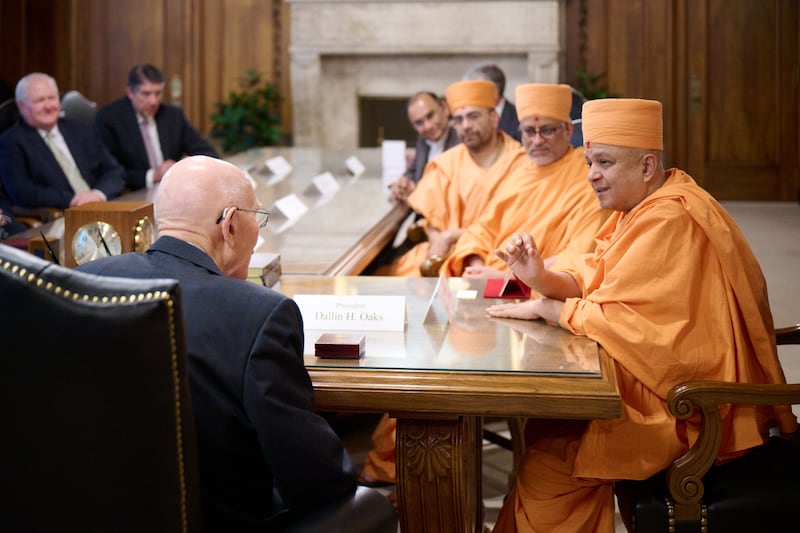 Members of the church's First Presidency meet with His Holiness Brahmavihari Swamiji, head of BAPS Hindu Mandir Abu Dhabi, in Salt Lake City, Utah, on Wednesday, June 18, 2025.