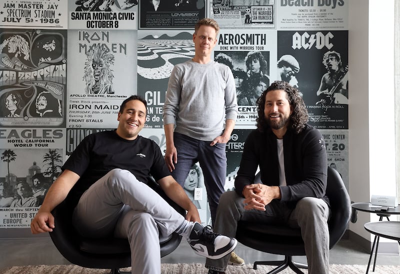 Album partners Diogo Myrrha, John Mayfield and Sid Krommenhoek pose for a portrait at the Album office in Lehi.
