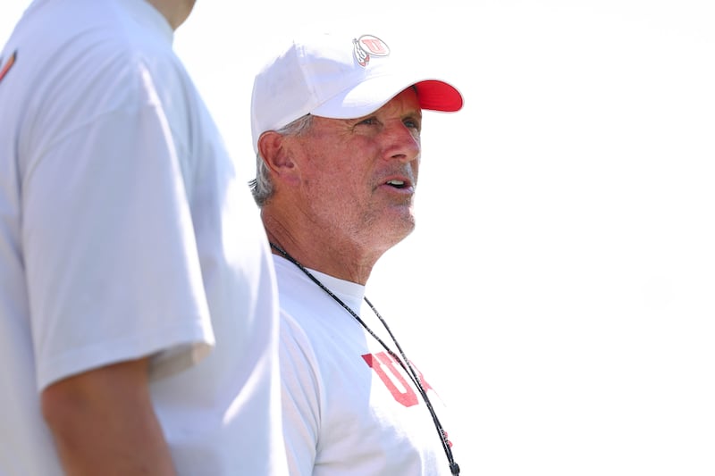 Utah coach Kyle Whittingham looks on during first day of fall camp at the University of Utah in Salt Lake City, Monday, July 29, 2024.