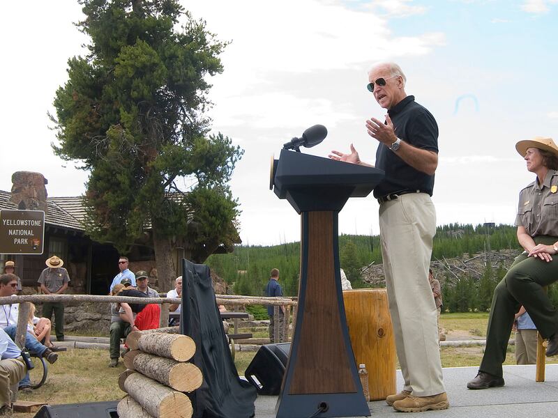 Vice President Joe Biden speaks at Yellowstone National Park in Grand Junction, Wyo.