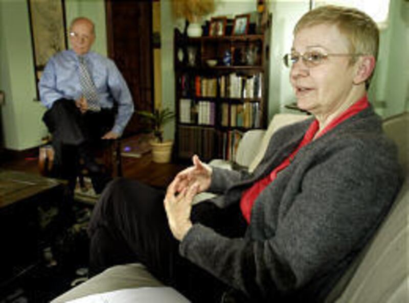 Rosemary Palmer, right, and her husband, Paul Schroeder, speak about Families of the Fallen for Change in Cleveland, Ohio. Their son died in Iraq.