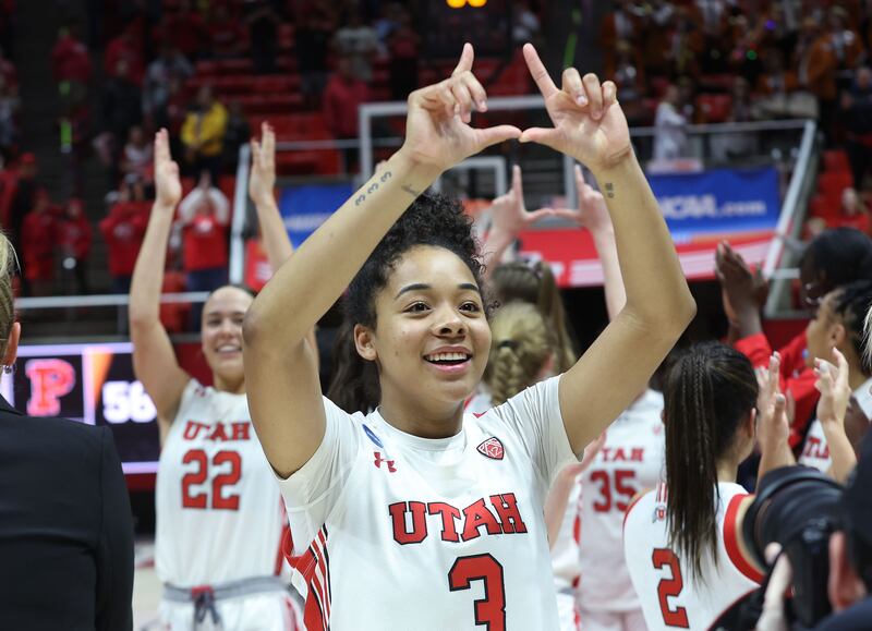 Utah’s Lani White and the Utes celebrate win over Princeton in the second round of the NCAA Tournament on March 19, 2023.