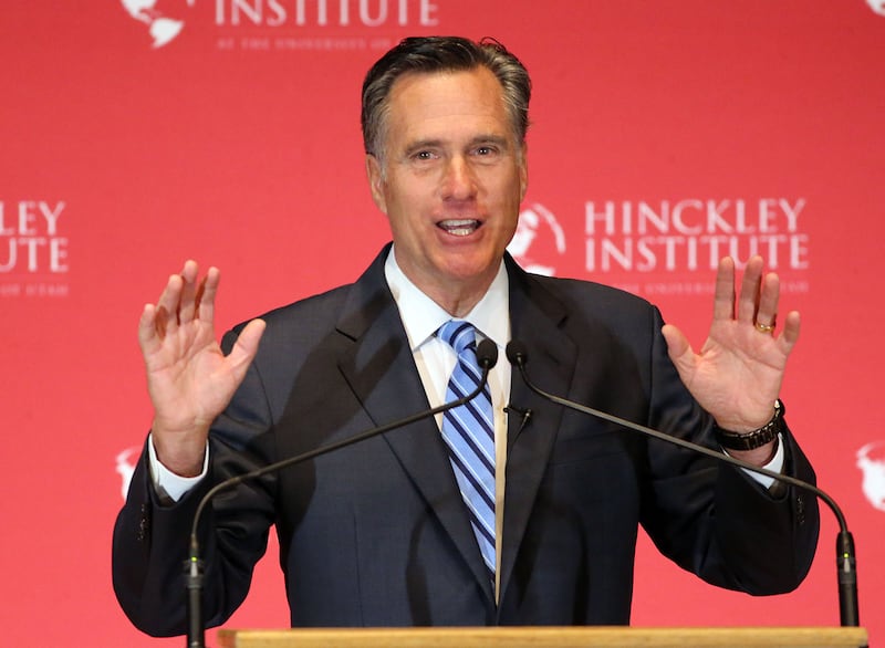 In this March 3, 2016 file photo, Mitt Romney addresses the Hinckley Institute of Politics regarding the 2016 presidential race at the University of Utah in Salt Lake City.