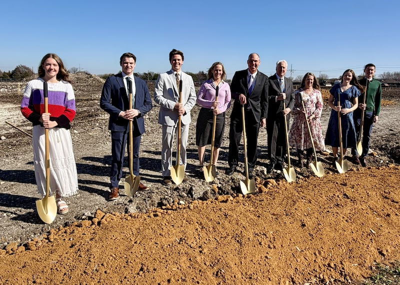 Elder Jonathan S. Schmitt — a General Authority Seventy and first counselor in the United States Southwest Area presidency, fifth from left — and his wife, Sister Alexis Schmitt, fourth from left, prepare to ceremonially turn the soil on the site of the Fairview Texas Temple with local Church leaders and members in Fairview, Texas, on Saturday, Feb. 21, 2026.