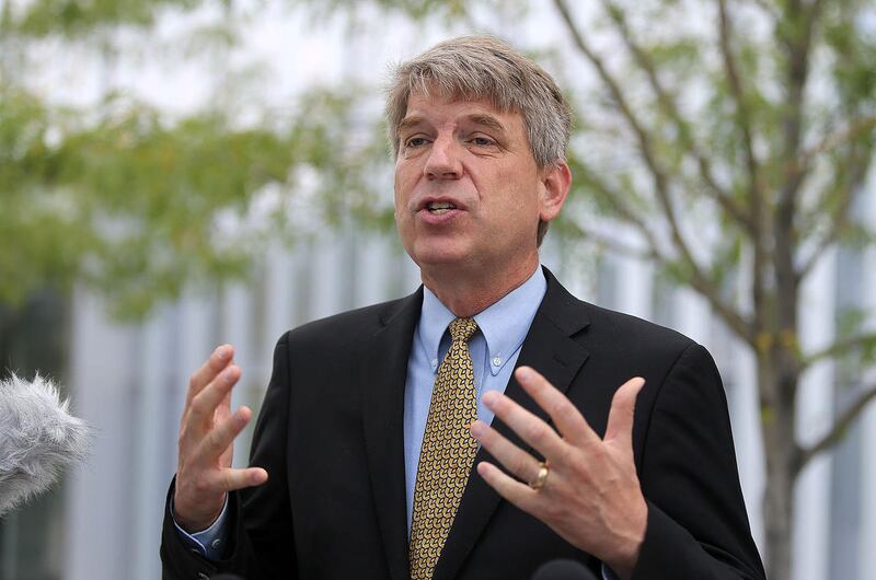 Jim Bennett, the United Utah Party's candidate to replace former Republican Rep. Jason Chaffetz in the 3rd Congressional District, talks to members of the media outside of the federal courthouse in Salt Lake City on Thursday, Aug. 3, 2017.