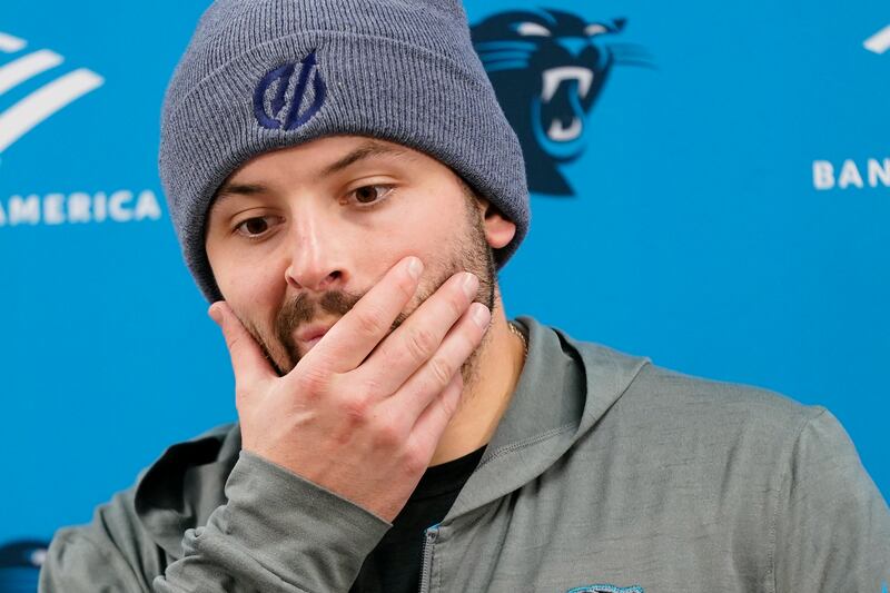 Baker Mayfield speaks at a news conference after a game against the Baltimore Ravens, Sunday, Nov. 20, 2022, in Baltimore.
