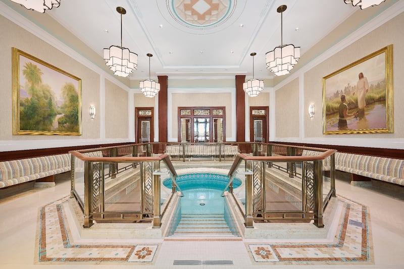 The baptistry inside the Farmington New Mexico Temple, which The Church of Jesus Christ of Latter-day Saints invited the public to tour from July 17 to Aug. 2, allows church members to be baptized on behalf of their deceased ancestors, who can choose whether to accept this baptism.