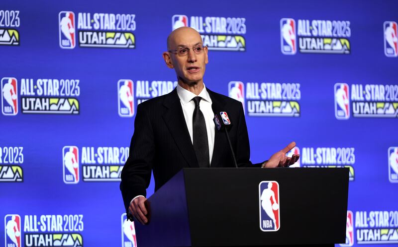 NBA Commissioner Adam Silver speaks at a press conference at Vivint Arena on Saturday, Feb. 18, 2023.