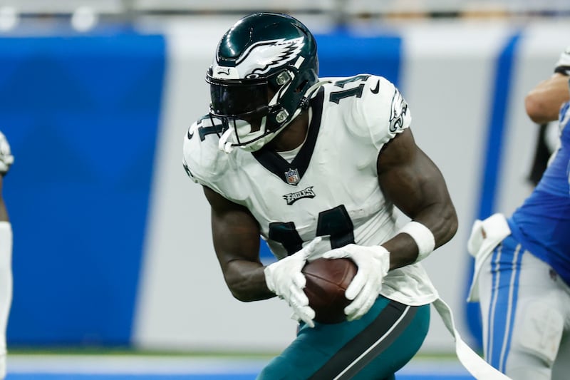 Philadelphia Eagles wide receiver A.J. Brown (11) runs the ball in the first half of a game against the Detroit Lions, Sunday, Sept. 11, 2022.