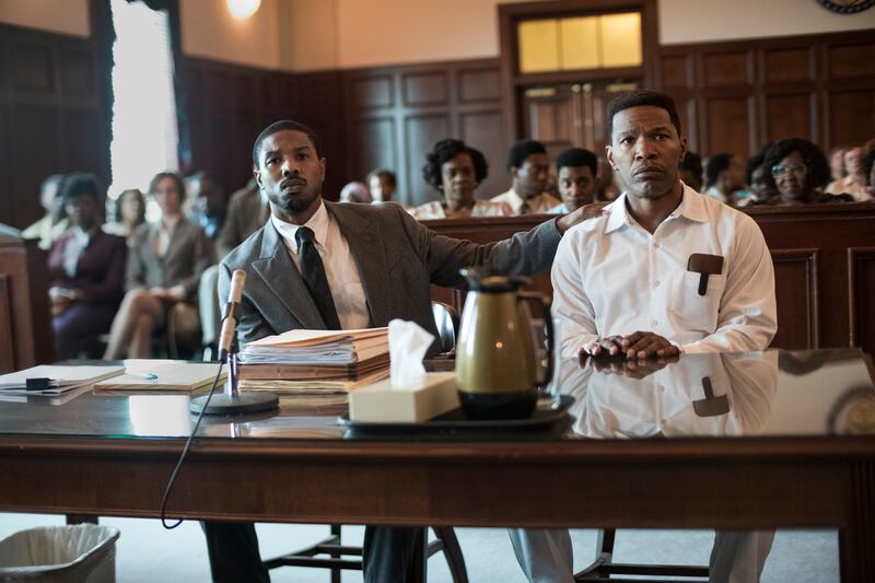 Michael B. Jordan, left, and Jamie Foxx in a scene from the film “Just Mercy.” The 2019 film stars Michael B. Jordan as real-life civil rights lawyer Bryan Stevenson