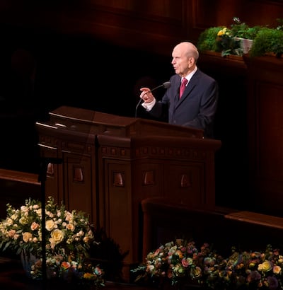 LDS Church President Russell M. Nelson speaks during the 188th Annual General Conference of The Church of Jesus Christ of Latter-day Saints in the Conference Center in Salt Lake City on Sunday, April 1, 2018.
