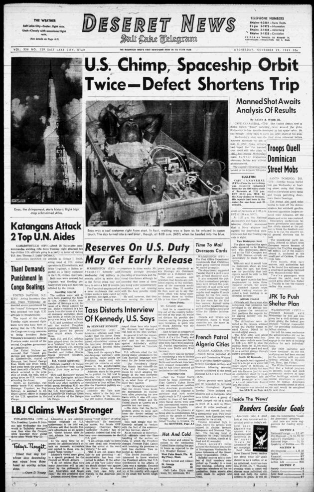 Deseret News archives: Enos the chimp became a national hero in 1961