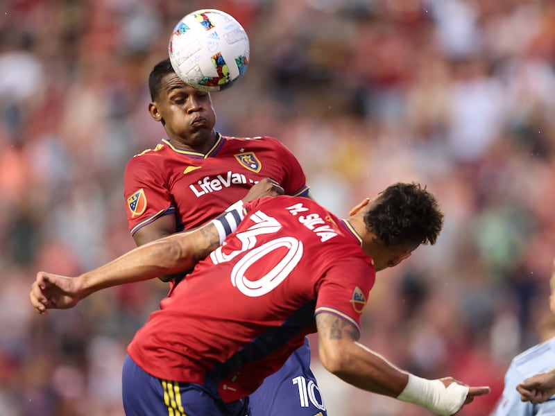 Real Salt Lake forward Sergio Córdova (10) and Real Salt Lake defender Marcelo Silva (30) work for the Ball as Real Salt Lake and Sporting KC play at Rio Tinto Stadium in Sandy on Sunday, July 17, 2022.