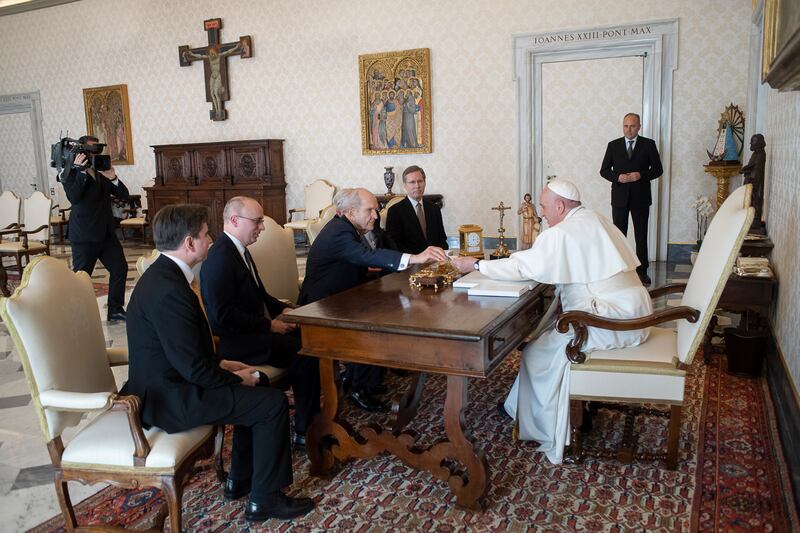 President Russell M. Nelson of The Church of Jesus Christ of Latter-day Saints and President M. Russell Ballard, acting president of the Quorum of the Twelve Apostles, meet with Pope Francis at the Vatican in Rome, Italy, on Saturday, March 9, 2019.