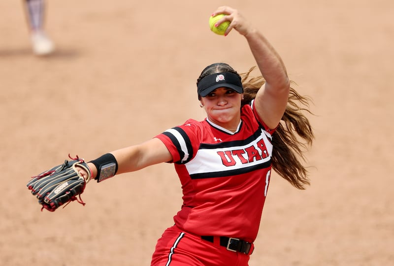 Utah’s Mariah Lopez, enters her windup as the University of Utah softball team plays Ole Miss in NCAA Regional championship.