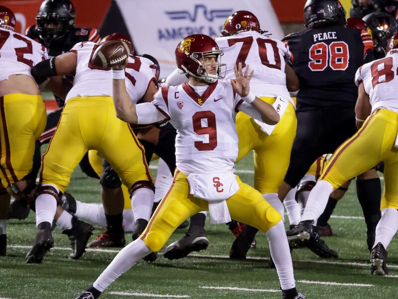 USC Trojans quarterback Kedon Slovis (9) passes.