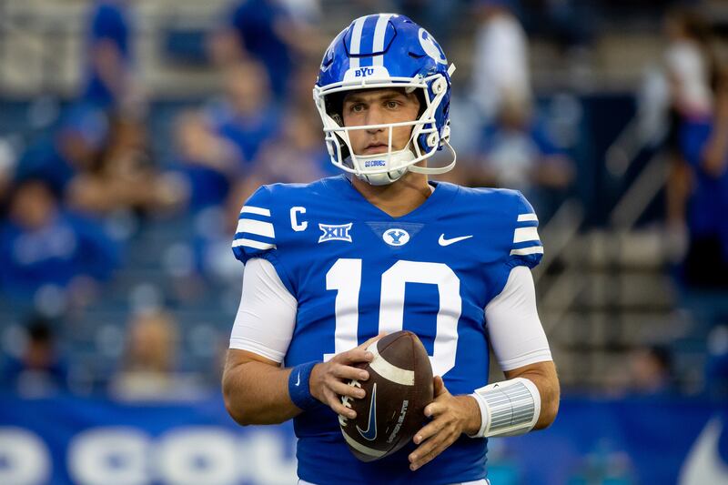 BYU quarterback Kedon Slovis warms up before the game against Sam Houston at LaVell Edwards Stadium in Provo, Sept. 2, 2023.
