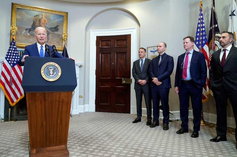 President Joe Biden speaks about artificial intelligence in the Roosevelt Room of the White House on July 2, 2023, in Washington.