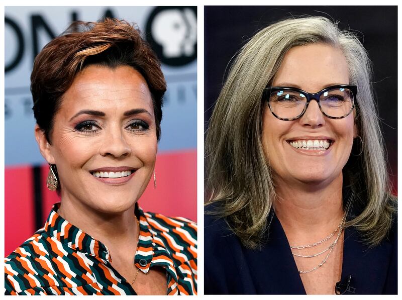 In these Arizona gubernatorial candidates, Republican Kari Lake, left, appears before a PBS televised debate on June 29, 2022, in Phoenix.