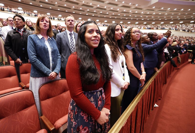 Stephanie Muro sings during the 193rd Semiannual General Conference of The Church of Jesus Christ of Latter-day Saints at the Conference Center in Salt Lake City on Oct. 1, 2023.