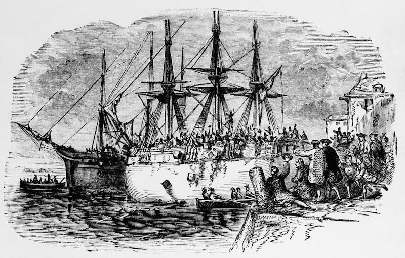 The Boston Tea Party of 1773, as depicted in an old Engraving.Bostonians dressed as Indians dumped 342 chests of tea overboard from three British ships in protest against "taxation without representation."