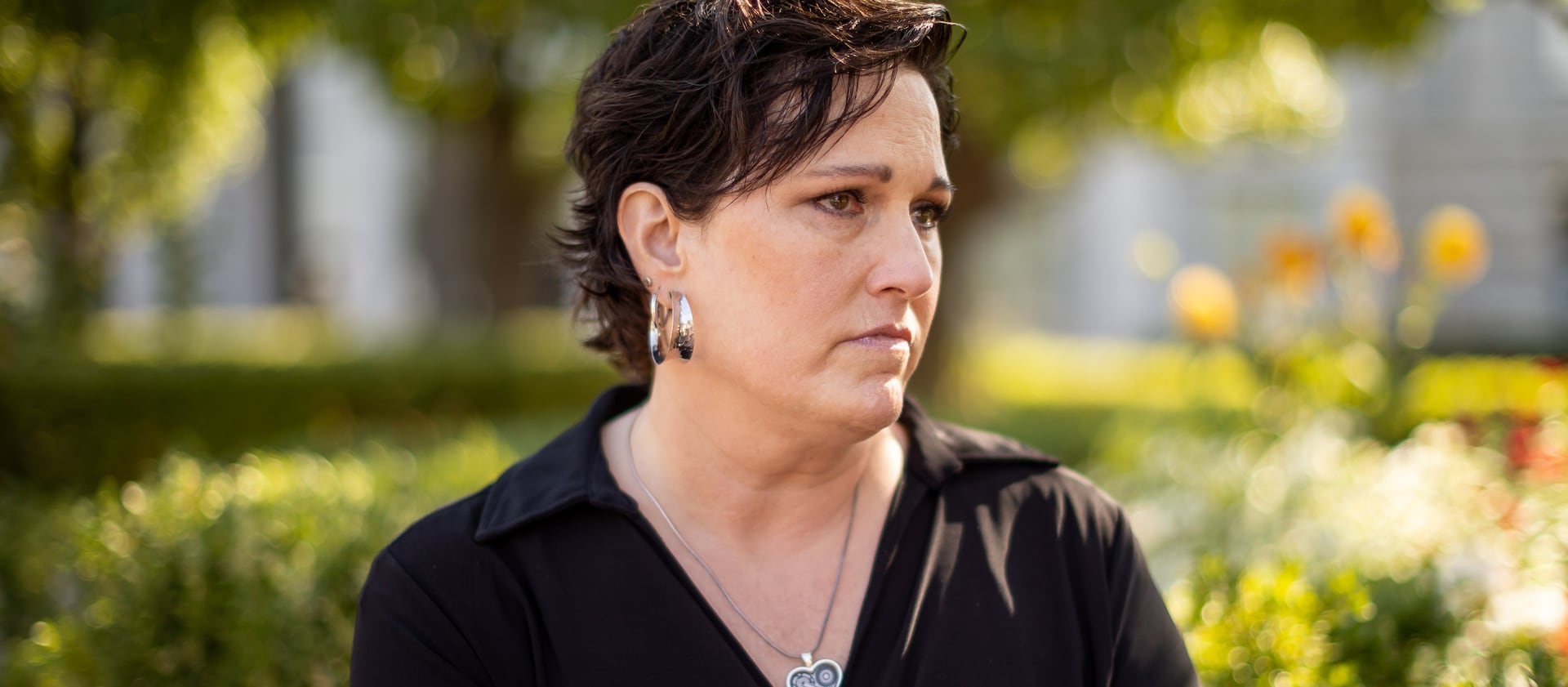 Sharon Weeks pauses while speaking to journalists in Salt Lake City in 2021 about the killing of her sister and niece.