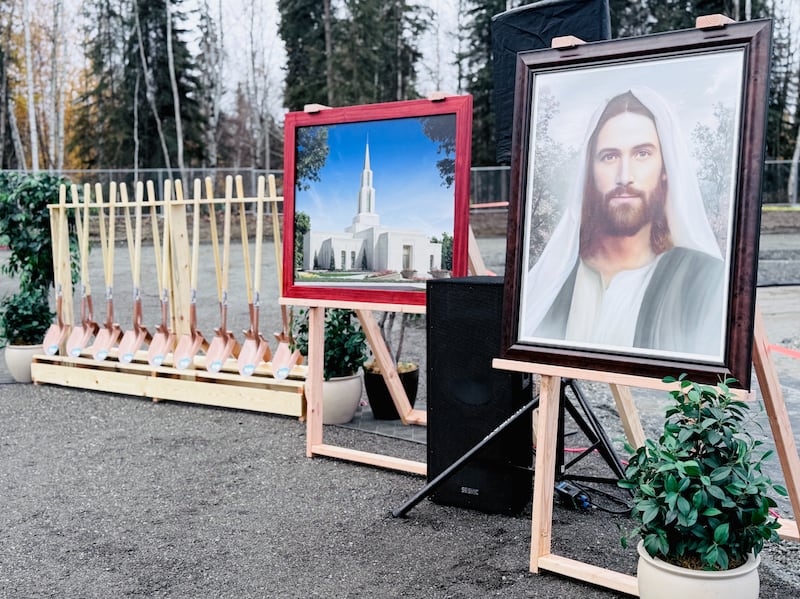 A depiction of the Savior, an exterior rendering of the Fairbanks Alaska Temple and ceremonial shovels at the groundbreaking of the Fairbanks temple on Sept. 27, 2025, in Fairbanks, Alaska.