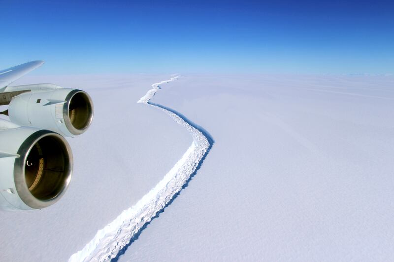 This Nov. 10, 2016, photo released by NASA, shows a rift in the Antarctic Peninsula’s Larsen C ice shelf.