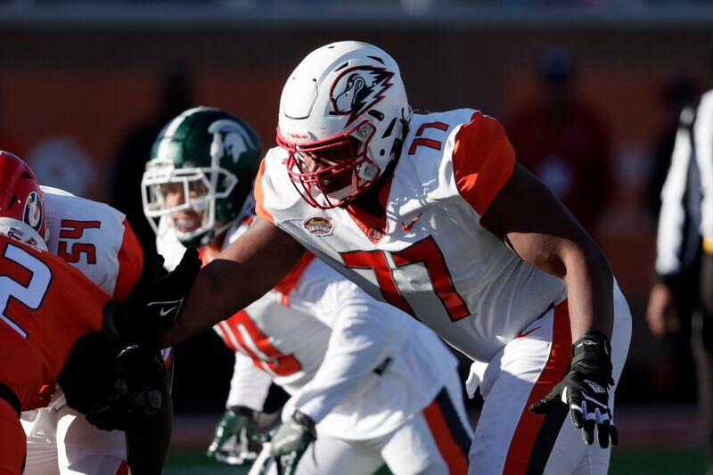 Southern Utah offensive tackle Braxton Jones (77) in an NCAA college football game Saturday, Feb. 5, 2022, in Mobile, Ala.