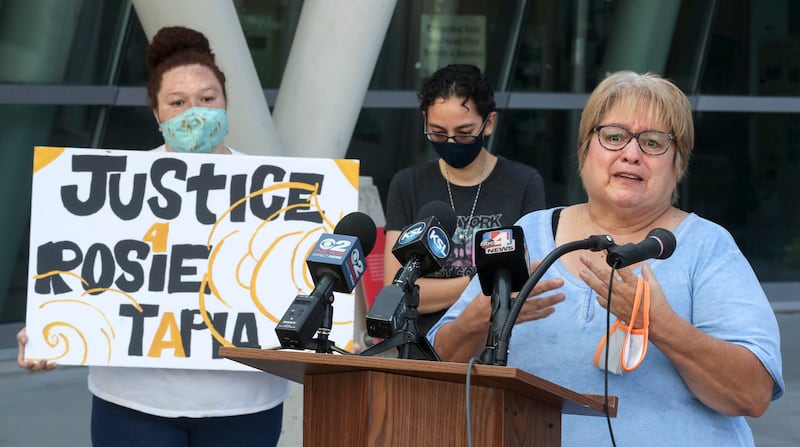 Lewine Tapia, makes an emotion plea for justice as she talks about her 6-year-old daughter, Rosie Tapia, who was taken from her ground-level apartment and killed 25 years ago at the Public Safety Building in Salt Lake City on Thursday, Aug. 13, 2020.