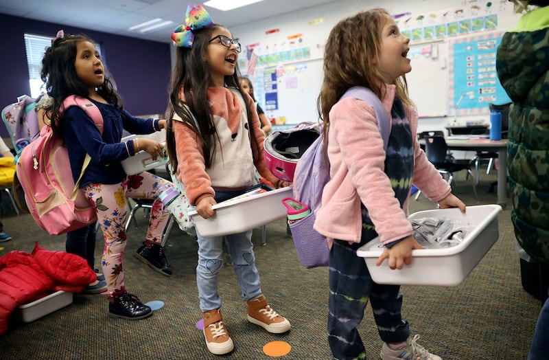 Kindergarteners wait to change classrooms at Daniels Canyon Elementary School in Heber City.